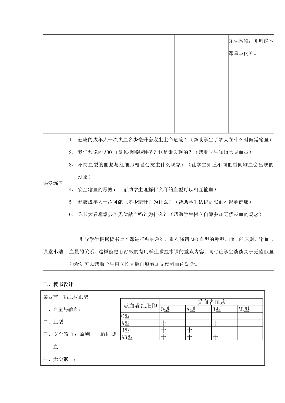 七年级生物下册4.4.4《输血与血型》教学设计（新版）新人教版（新版）新人教版初中七年级下册生物教案.doc