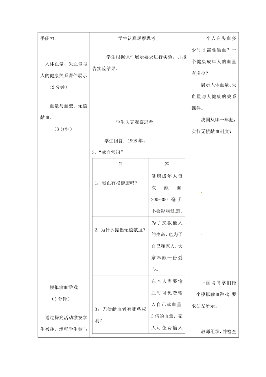 202x七年级生物下册第四章人体内物质的运输第四节输血与血型教案1新人教版.doc