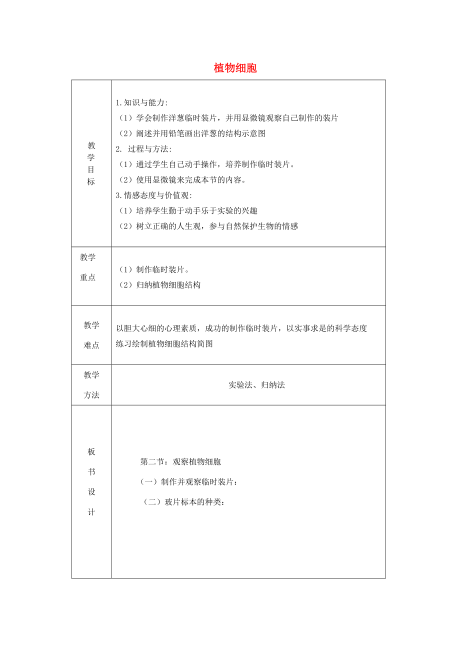 七年级生物上册第二单元第一章第2节植物细胞教案（新版）新人教版（新版）新人教版初中七年级上册生物教案.doc