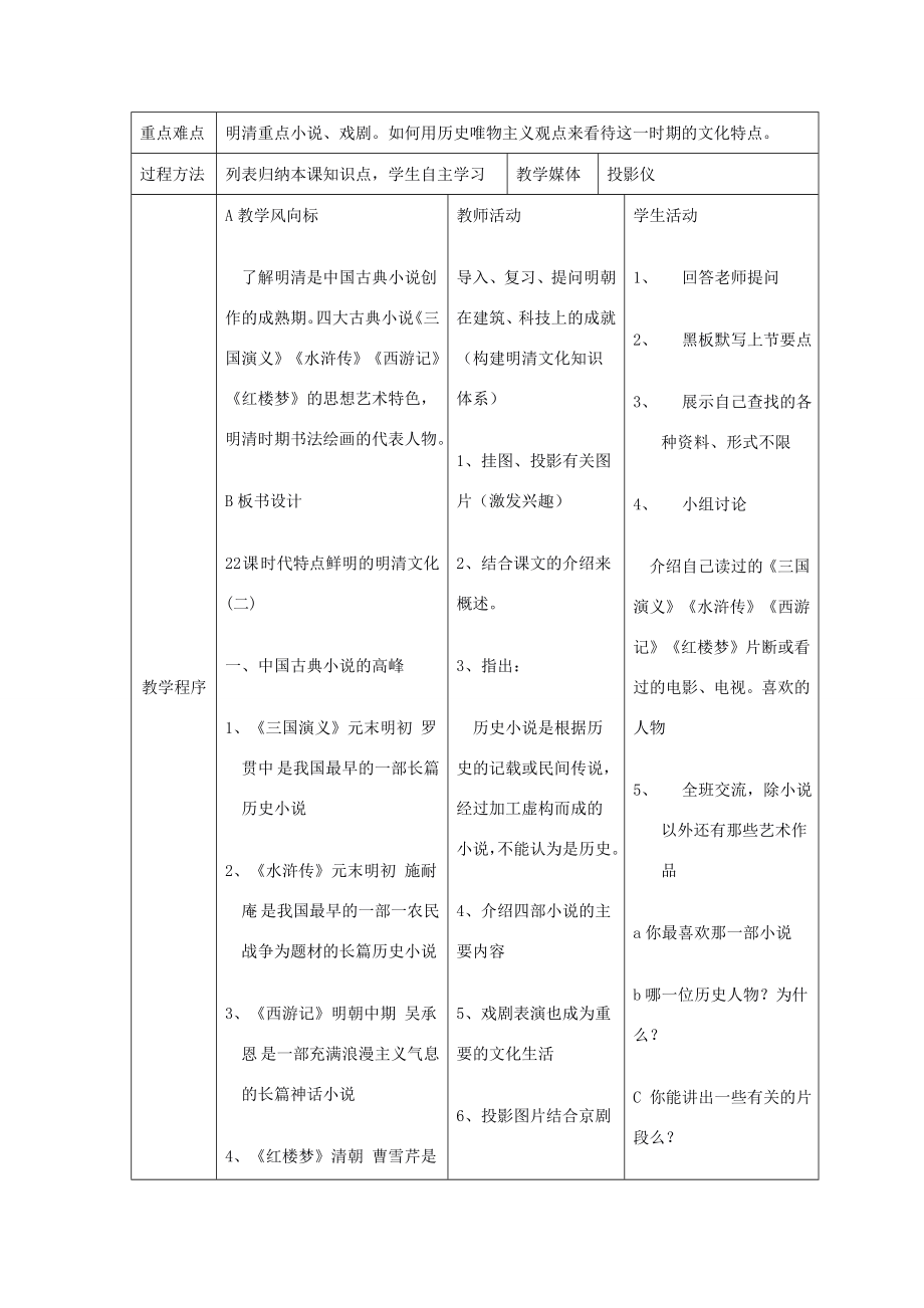 七年级历史下册第三单元第21课时代特点鲜明的明清文化（一）教案1人教新课标版.doc