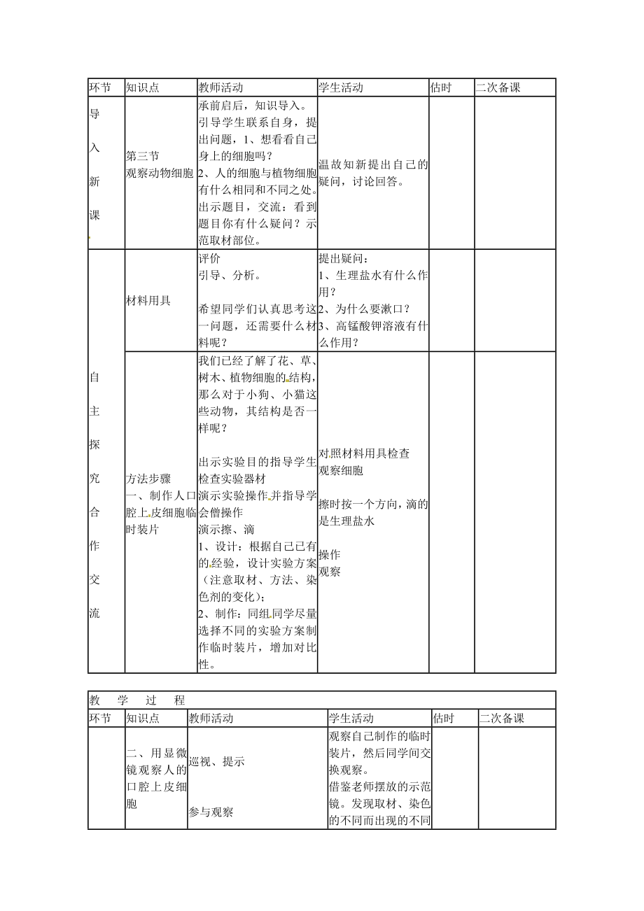 七年级生物上册第二单元第一章《细胞是生命活动的基本单位》第三节《动物细胞》教案（新版）新人教版.doc