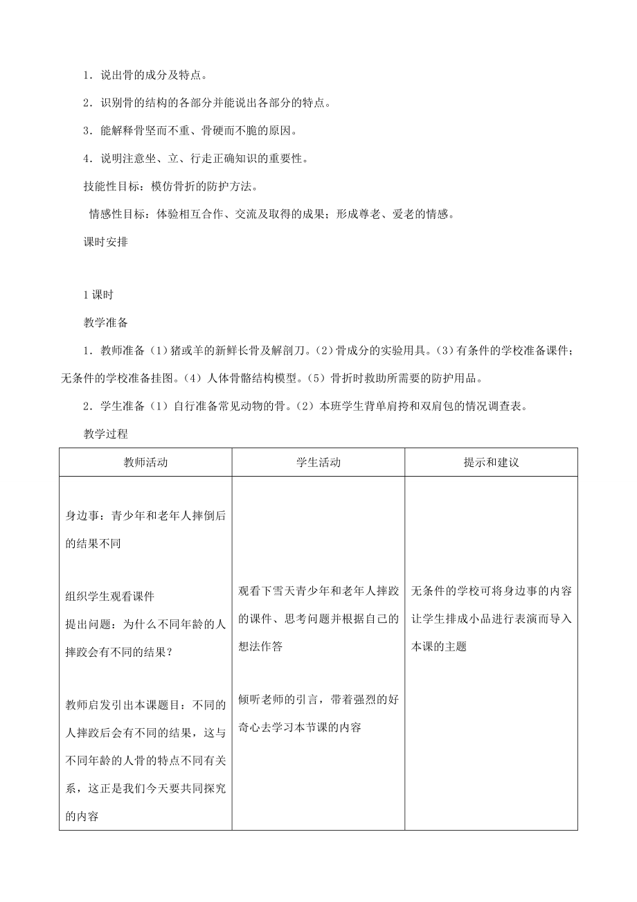 七年级生物下册6.1《人体的运动》第一课时教学设计冀教版.doc