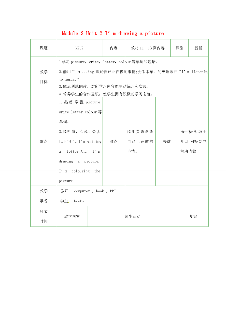 二年级英语下册Module2Unit2I’mdrawingapicture教案2外研版（一起）外研版小学二年级下册英语教案.doc