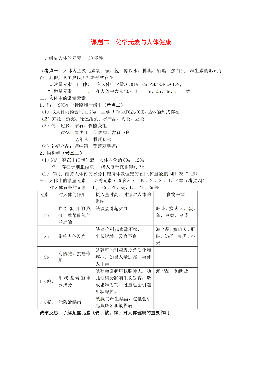 九年级化学下册第十二章《课题二化学元素与人体健康》考点复习教案新人教版.doc