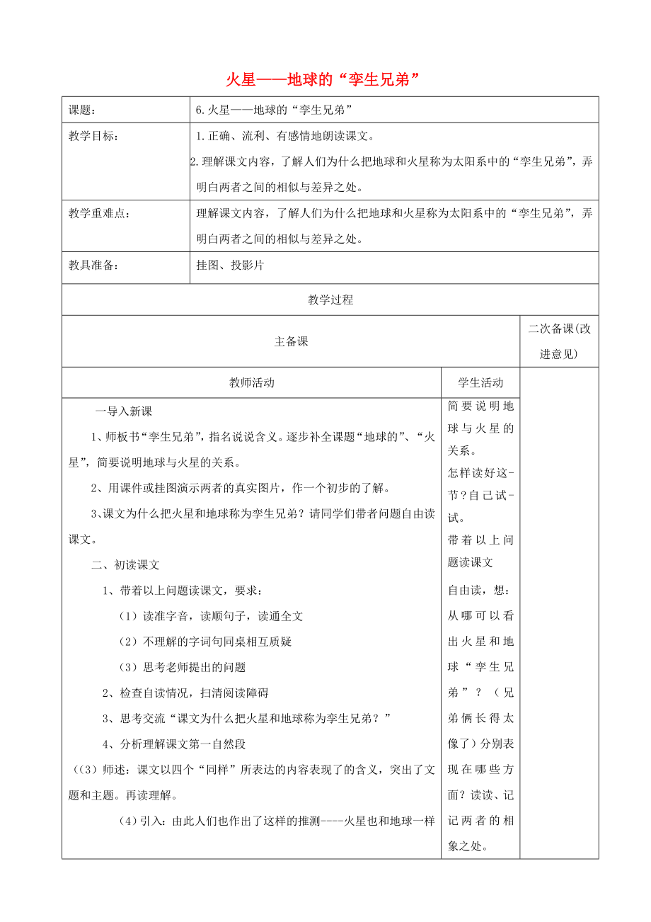 五年级语文下册第二单元第6课《火星——地球的“孪生兄弟”》教案设计苏教版.doc