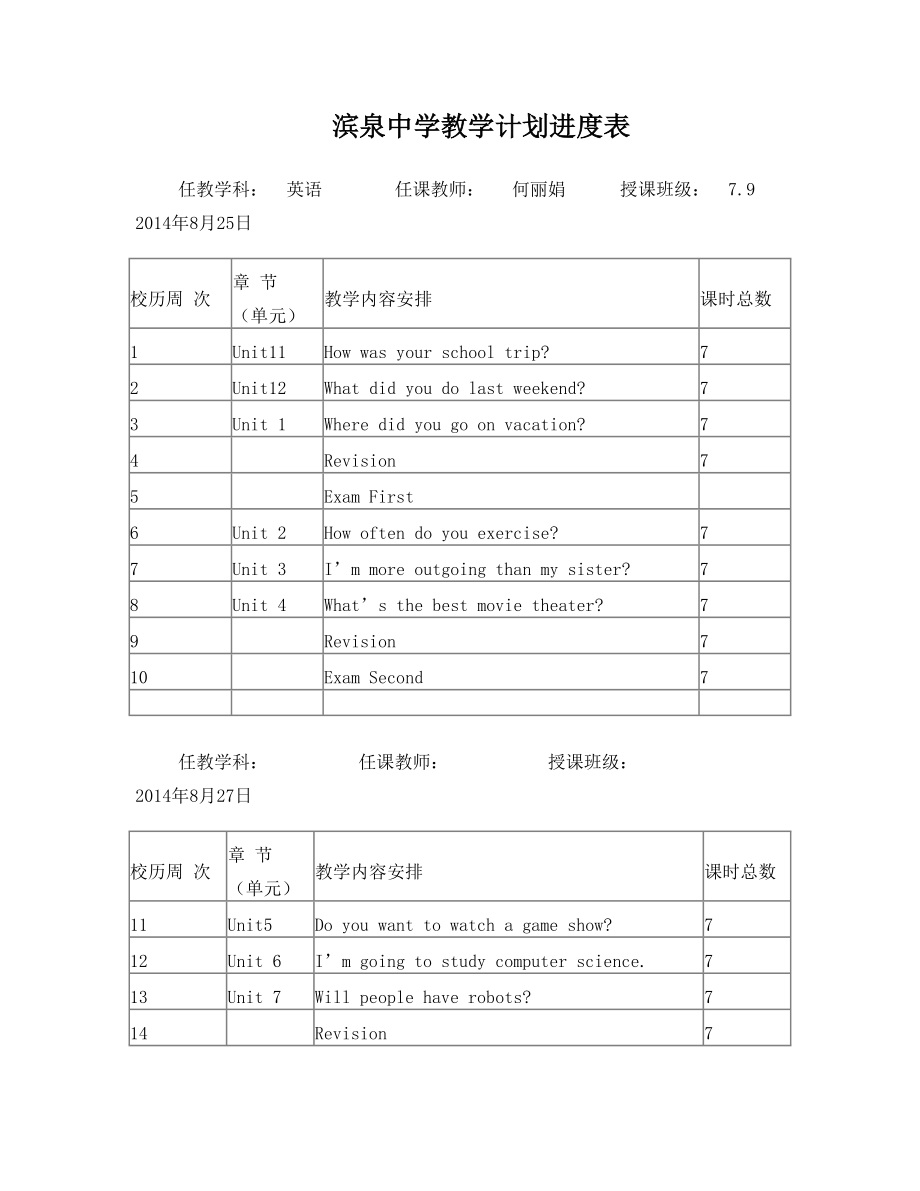 八年级上英语教学计划进度表.doc