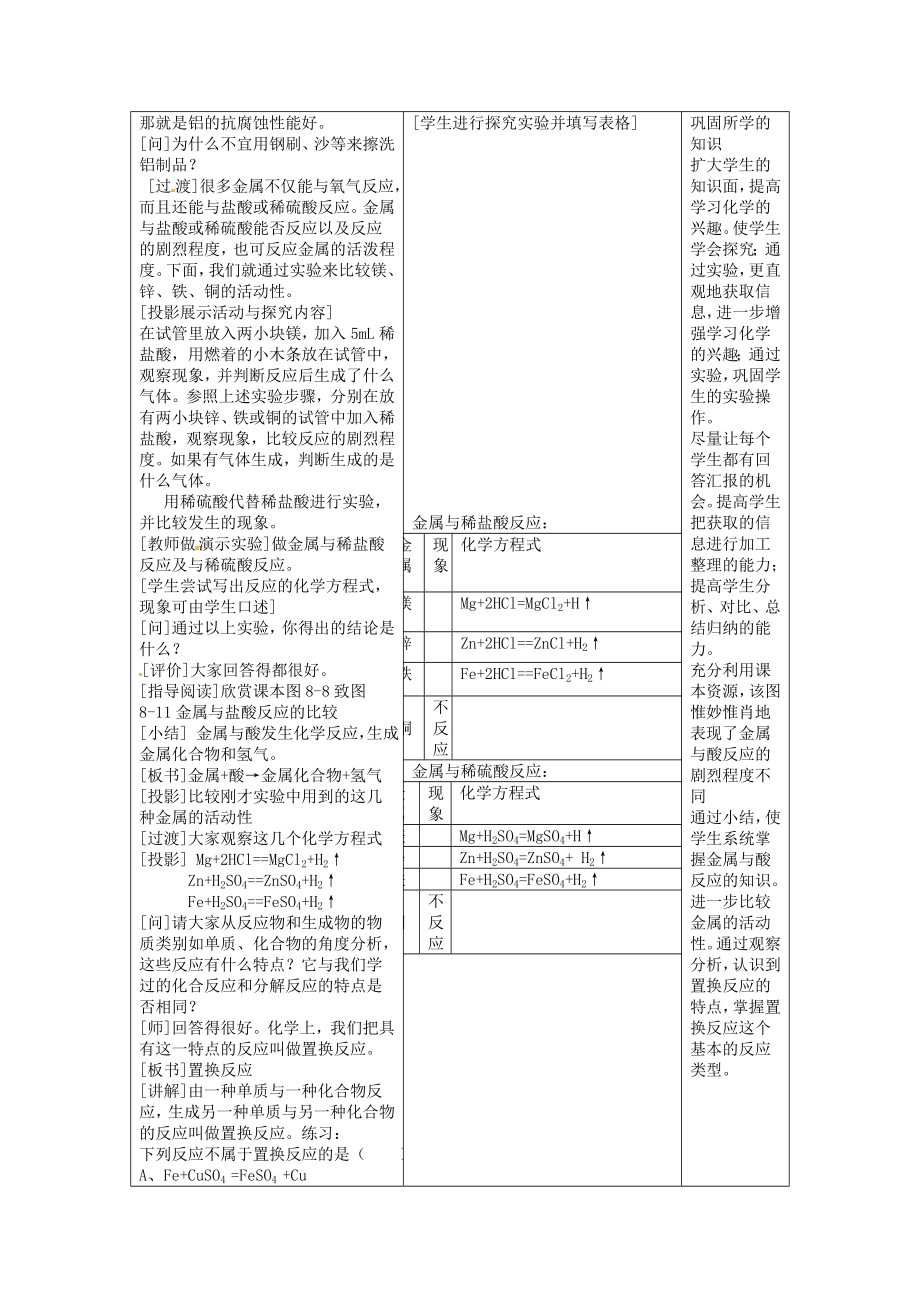 九年级化学下册《8.2金属的化学性质（第1课时）》教学设计（新版）新人教版（新版）新人教版初中九年级下册化学教案.doc