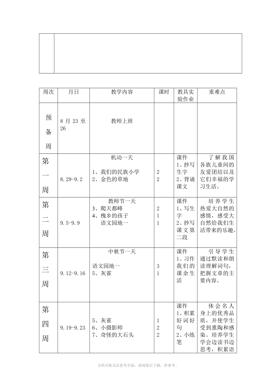 人教版三年级语文上册教学进度计划.doc