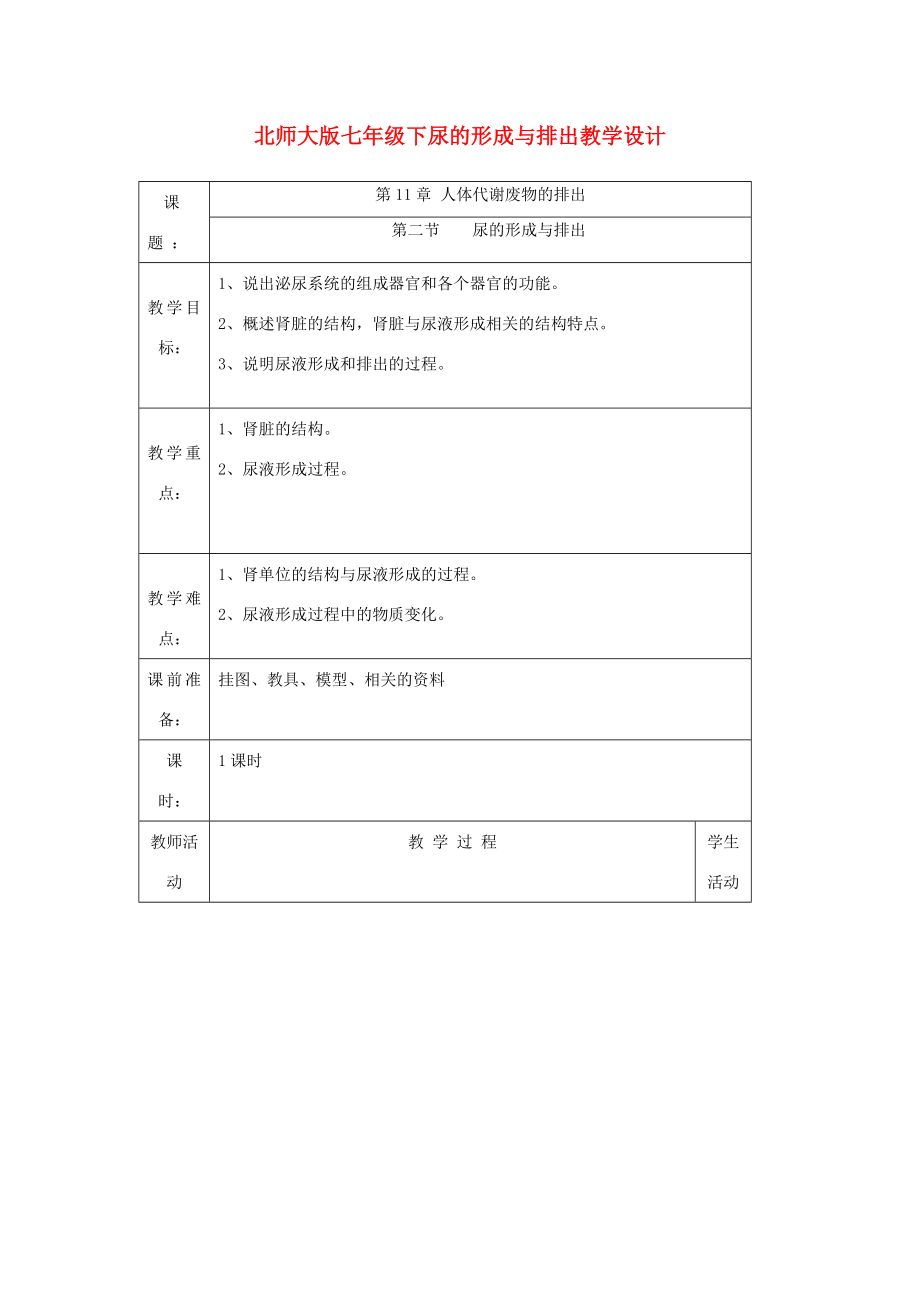 七年级生物下册尿的形成与排出教学设计北师大版.doc