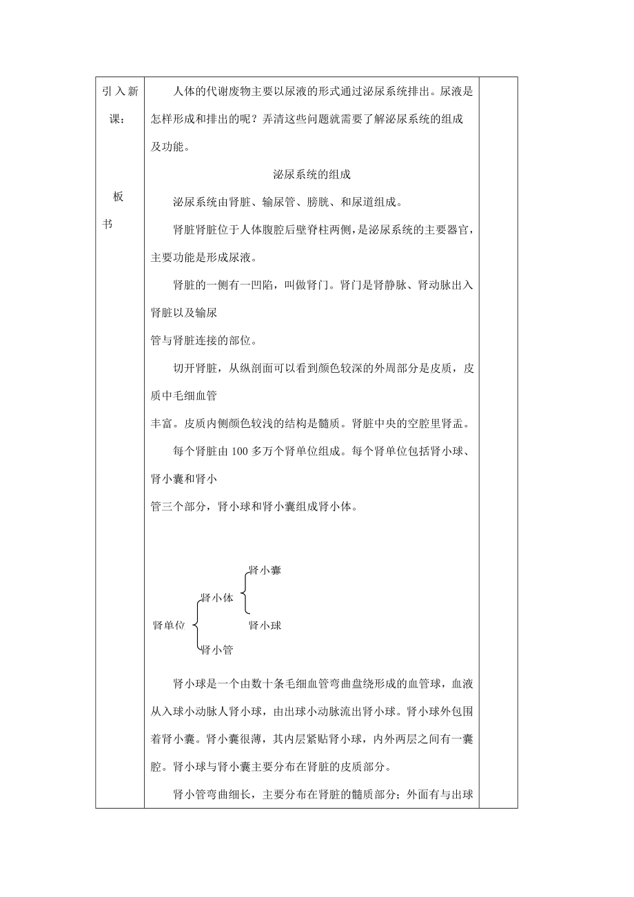 七年级生物下册尿的形成与排出教学设计北师大版.doc