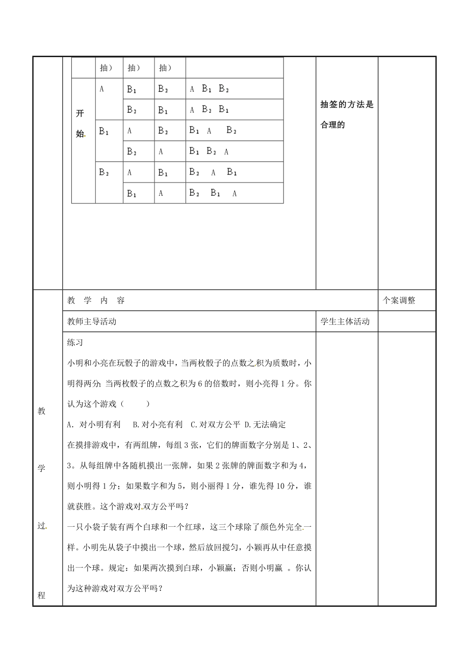 九年级数学下册8.4抽签的方法合理吗教案（新版）苏科版（新版）苏科版初中九年级下册数学教案.doc