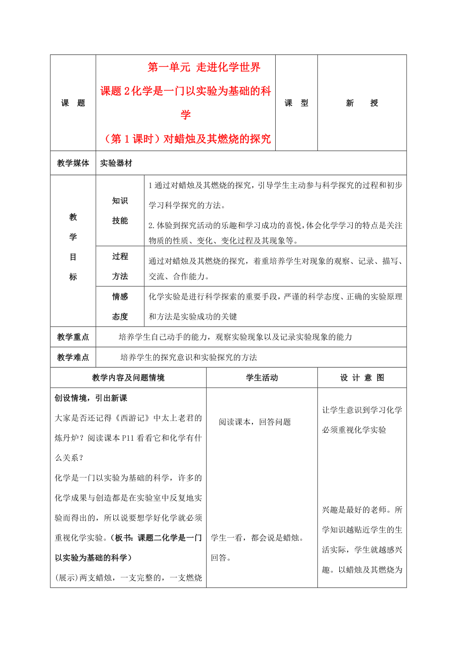 九年级化学上册第一单元课题2对蜡烛及其燃烧的探究教案（1）人教新课标版.doc