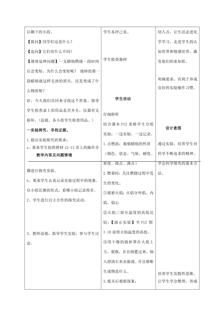 九年级化学上册第一单元课题2对蜡烛及其燃烧的探究教案（1）人教新课标版.doc