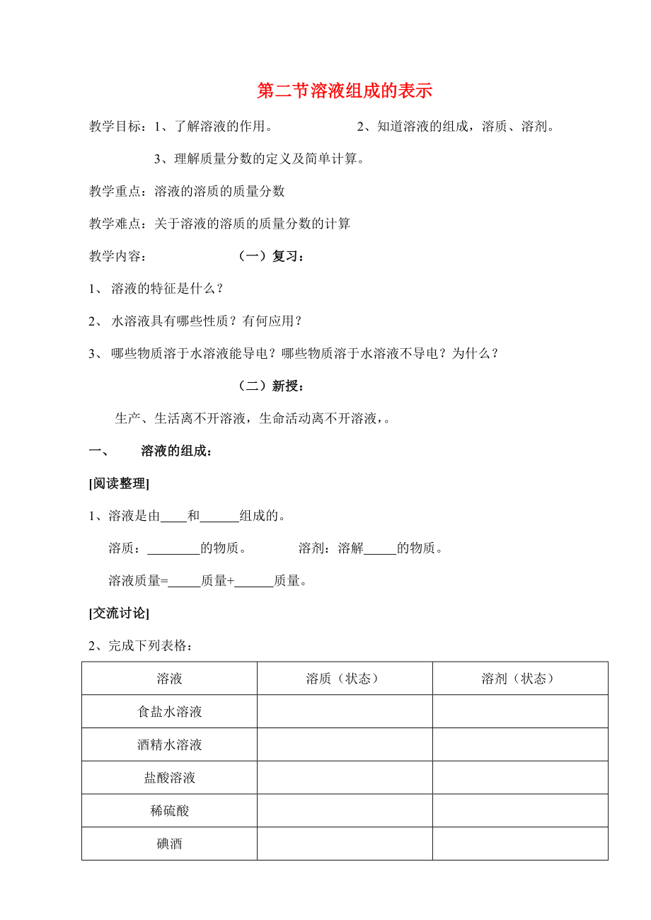 九年级化学第二节溶液组成的表示教案沪教版2.doc