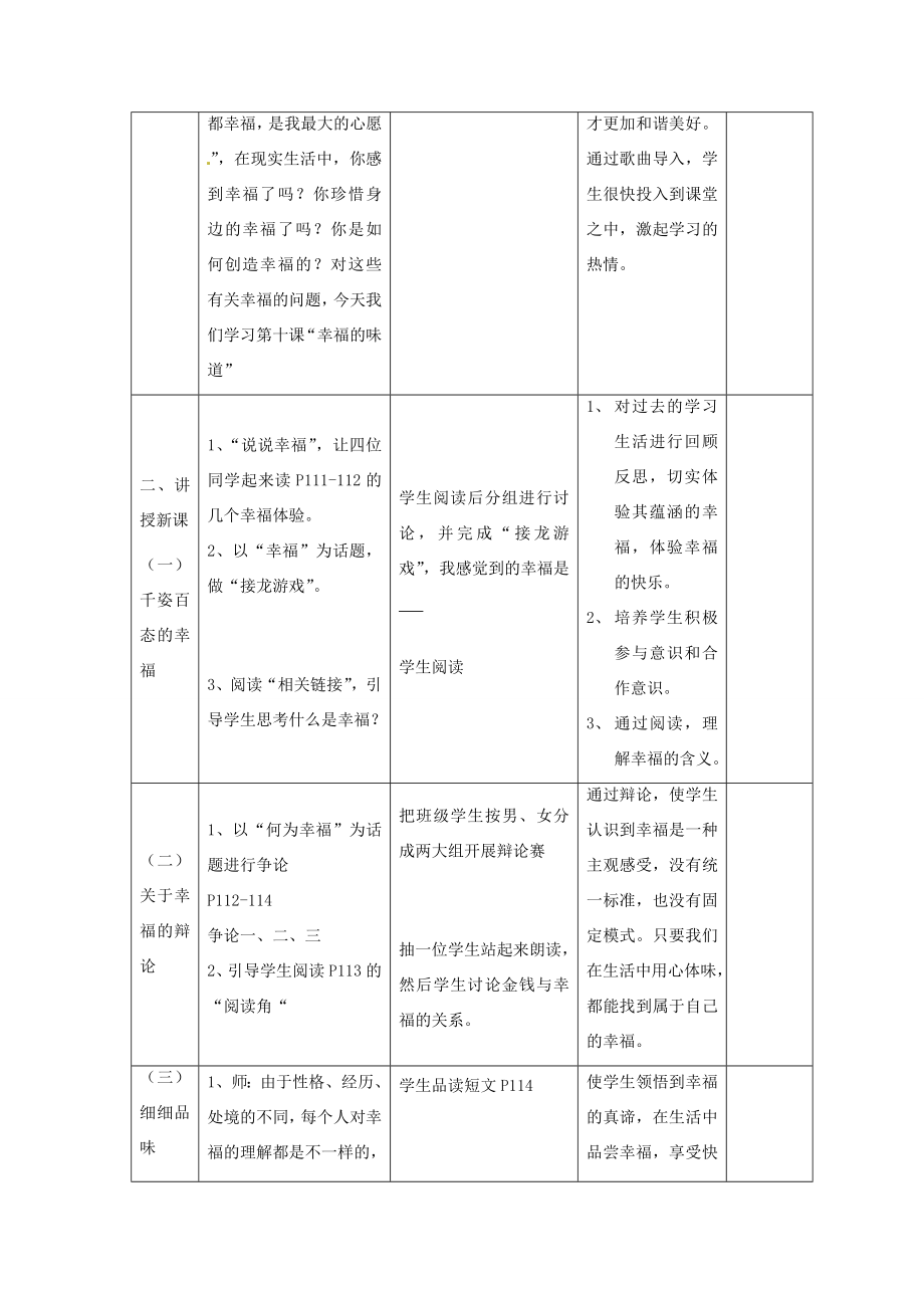 九年级政治下册第十课幸福的味道教案人民版.doc