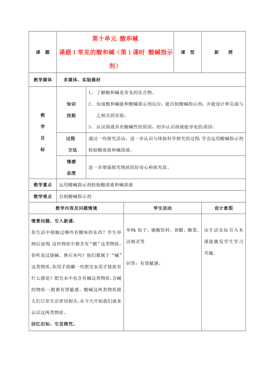 九年级化学下册10.1常见的酸和碱第1课时酸碱指示剂教案人教新课标版.doc