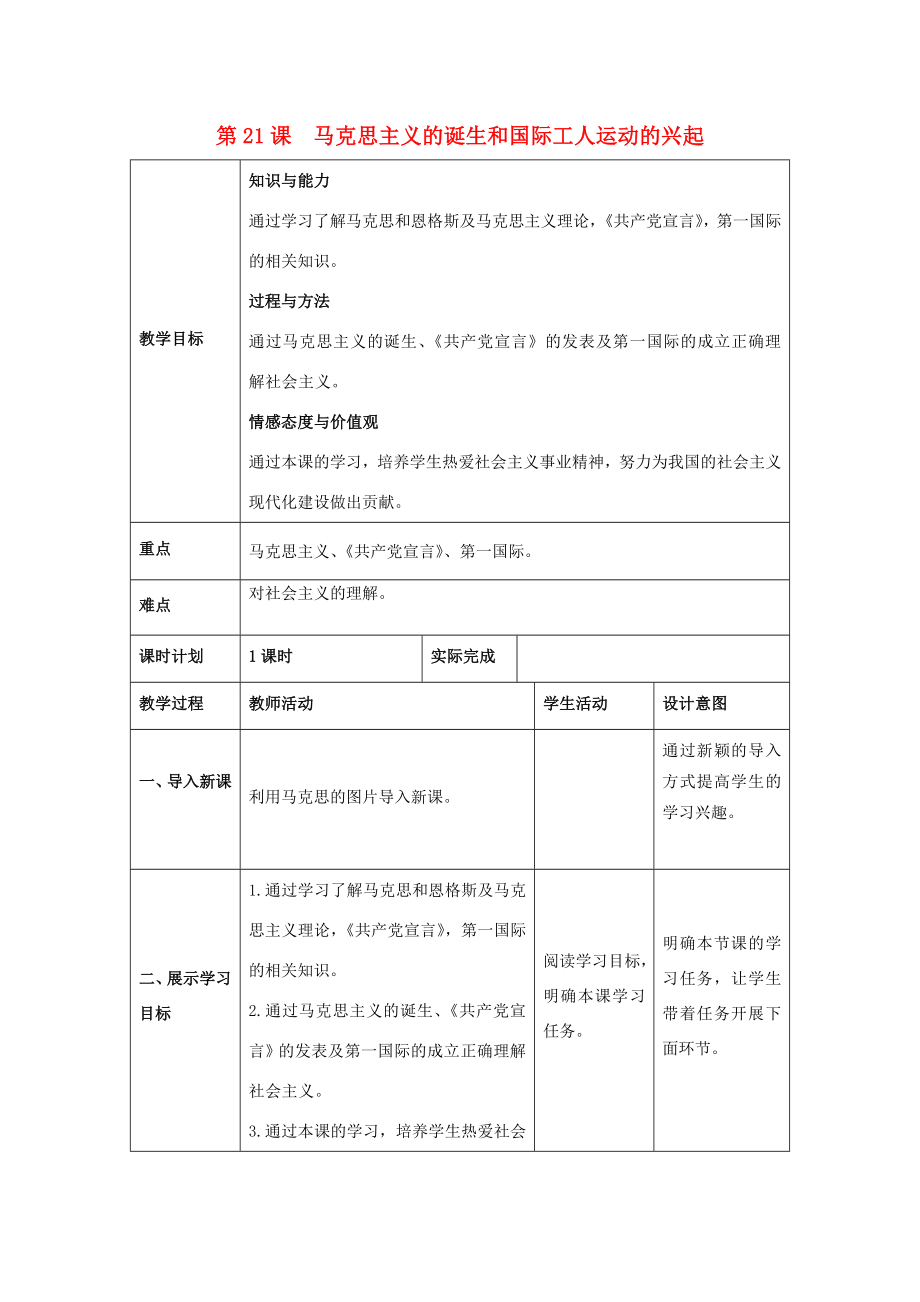 九年级历史上册第七单元工业革命和工人运动的兴起第21课《马克思主义的诞生和国际工人运动的兴起》教案新人教版新人教版初中九年级上册历史教案.doc