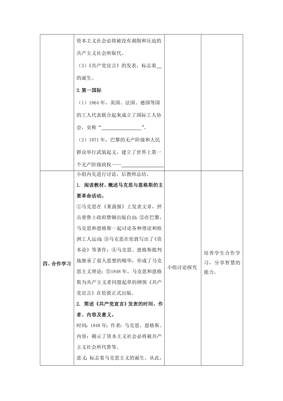 九年级历史上册第七单元工业革命和工人运动的兴起第21课《马克思主义的诞生和国际工人运动的兴起》教案新人教版新人教版初中九年级上册历史教案.doc