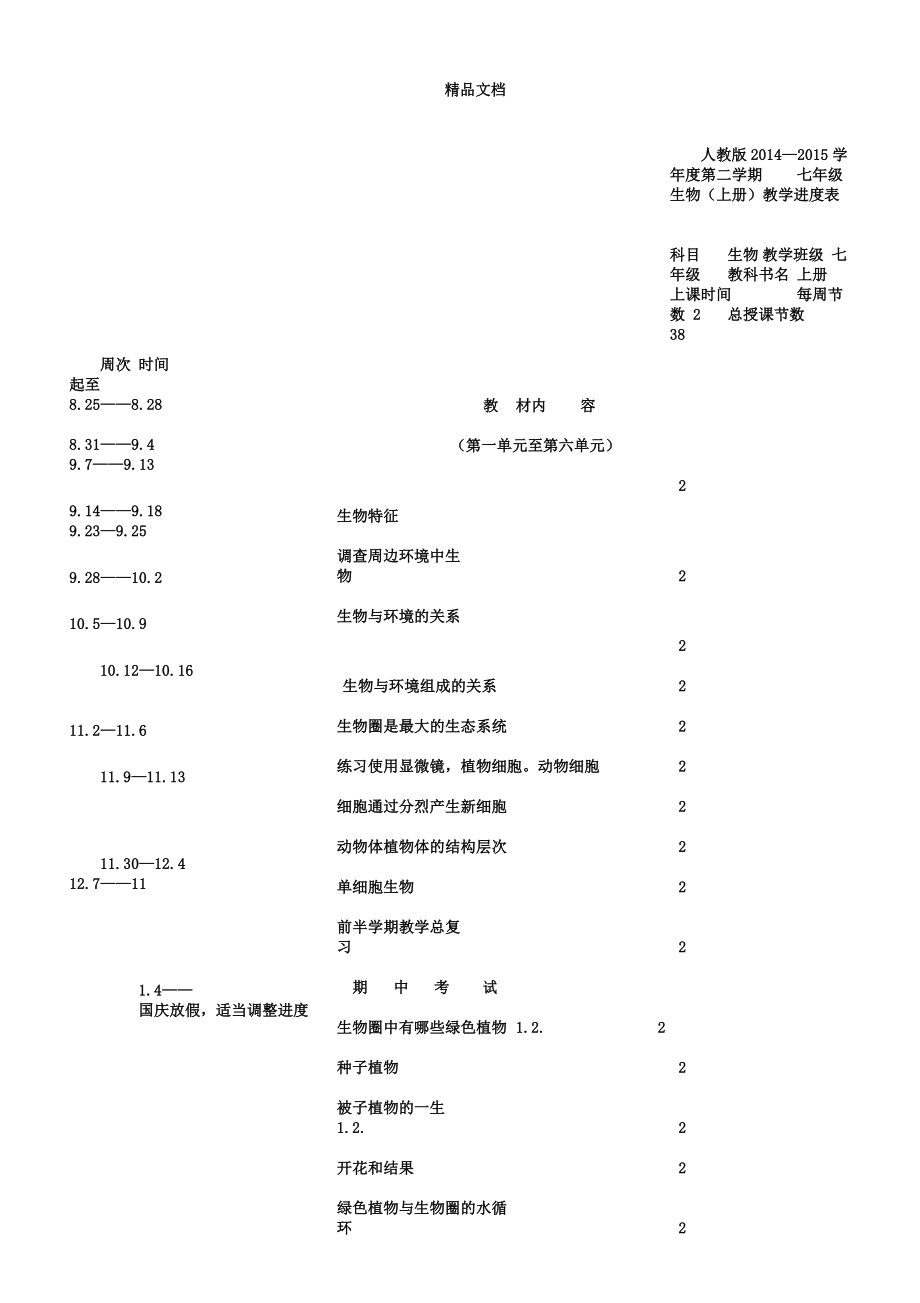 人教版七年级生物上册教学进度表格.doc