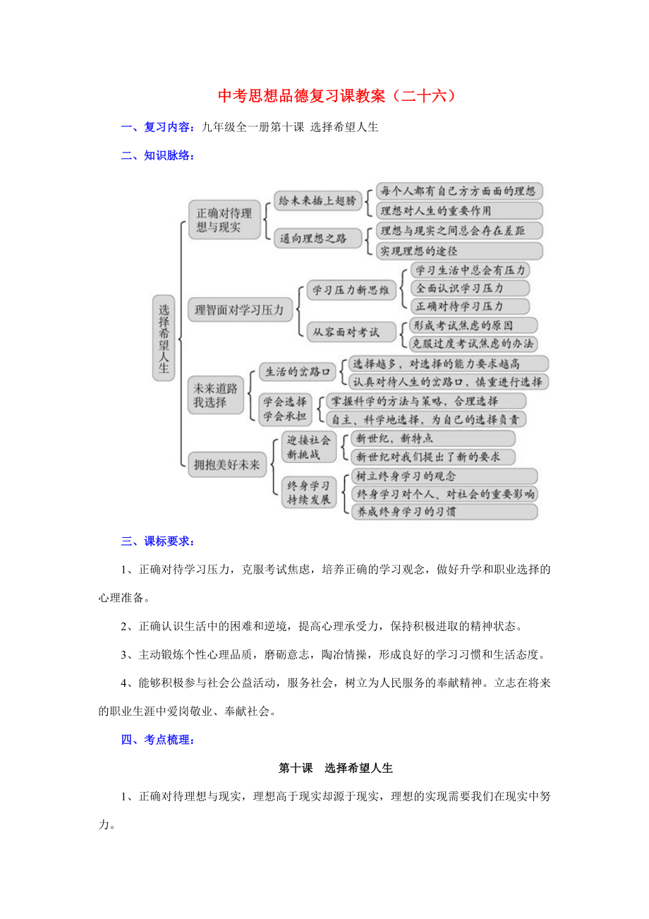 九年级政治全一册第十课选择希望人生复习教案.doc