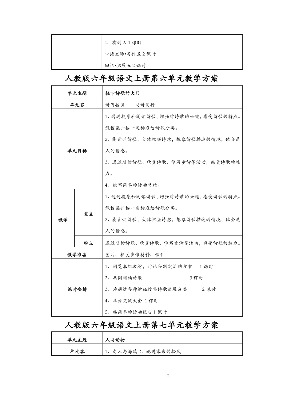 人教版六年级语文上册单元教学计划.doc