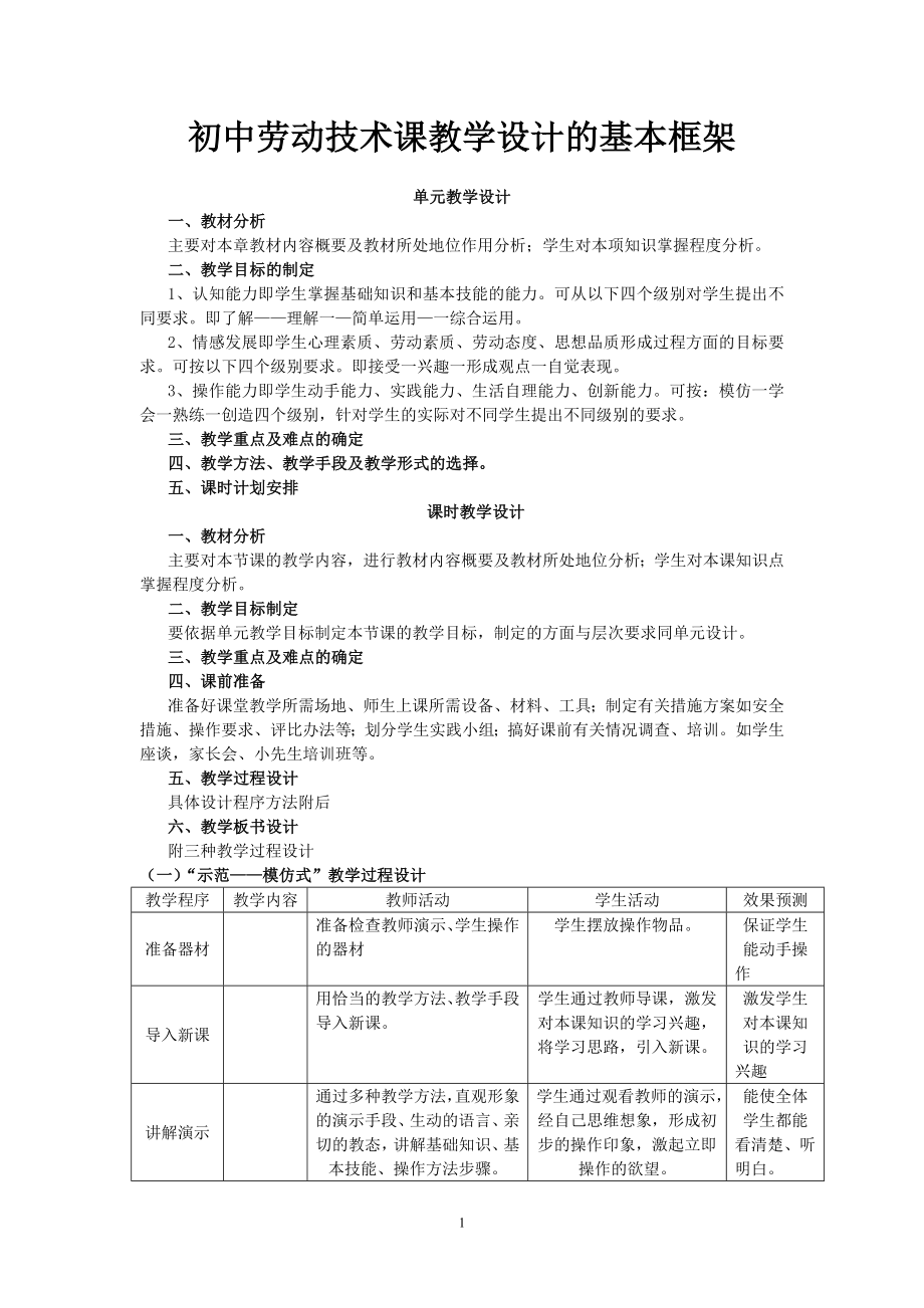 初中劳动技术课教学设计的基本框架.doc