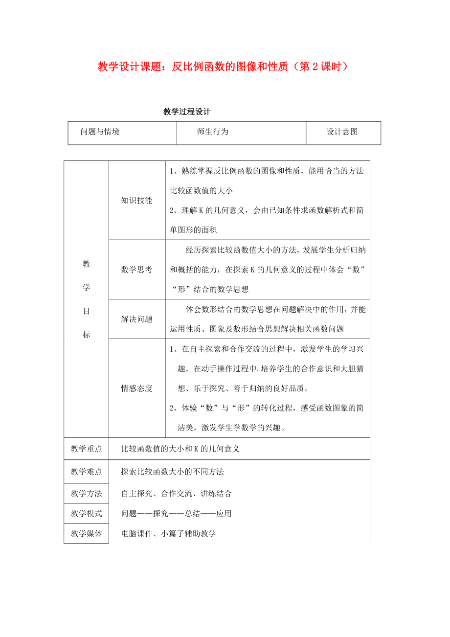 九年级数学上册反比例函数的图象和性质教学设计冀教版.doc