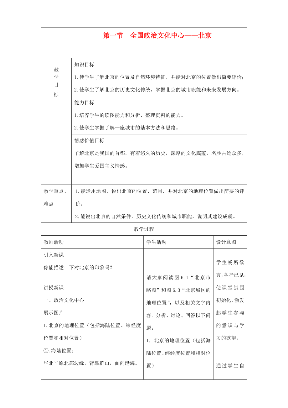 八年级地理下册全国政治文化中心北京教学设计人教新课标版.doc