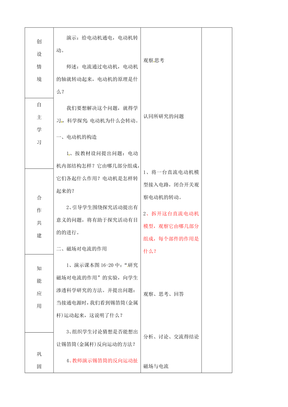 九年级物理全册《17.3科学探究电动机为什么会转动》教案（新版）沪科版（新版）沪科版初中九年级全册物理教案.doc