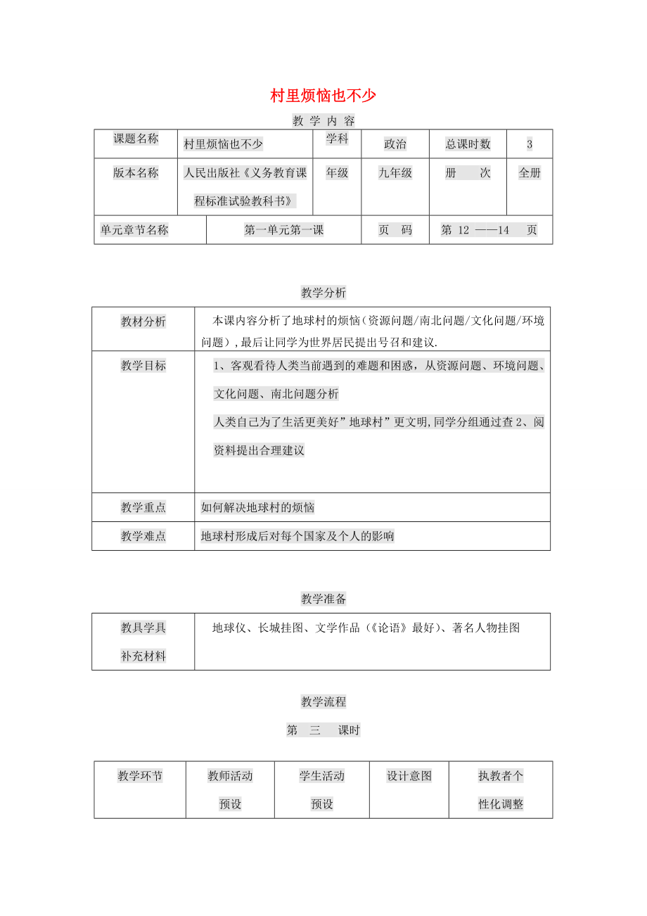 九年级政治全册第一单元世界大舞台第1课生活在地球村村里烦恼也不少教案人民版人民版初中九年级全册政治教案.doc