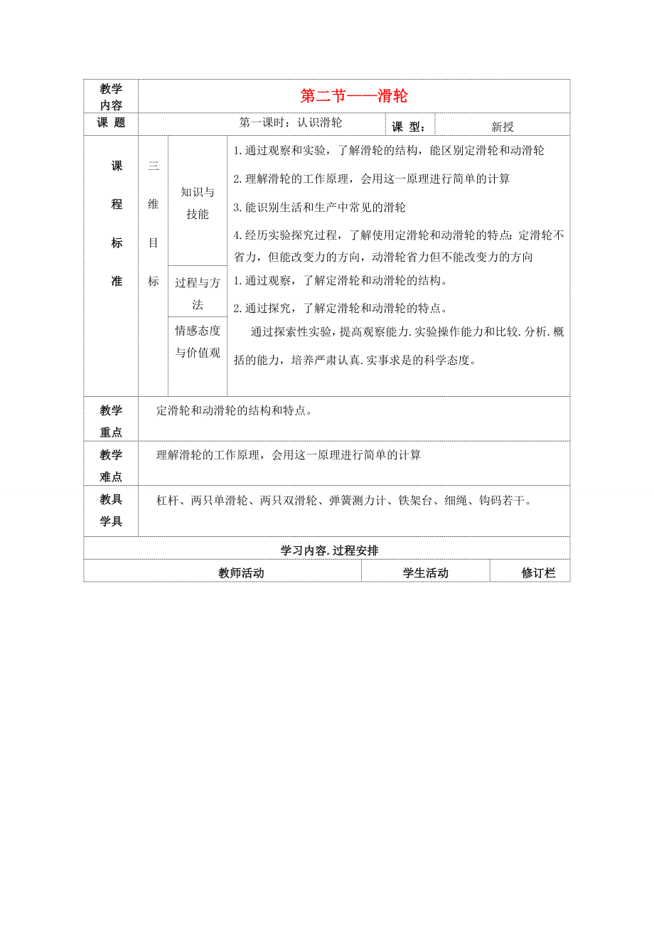 九年级物理上册第十一章第二节滑轮教案（新版）苏科版（新版）苏科版初中九年级上册物理教案.doc