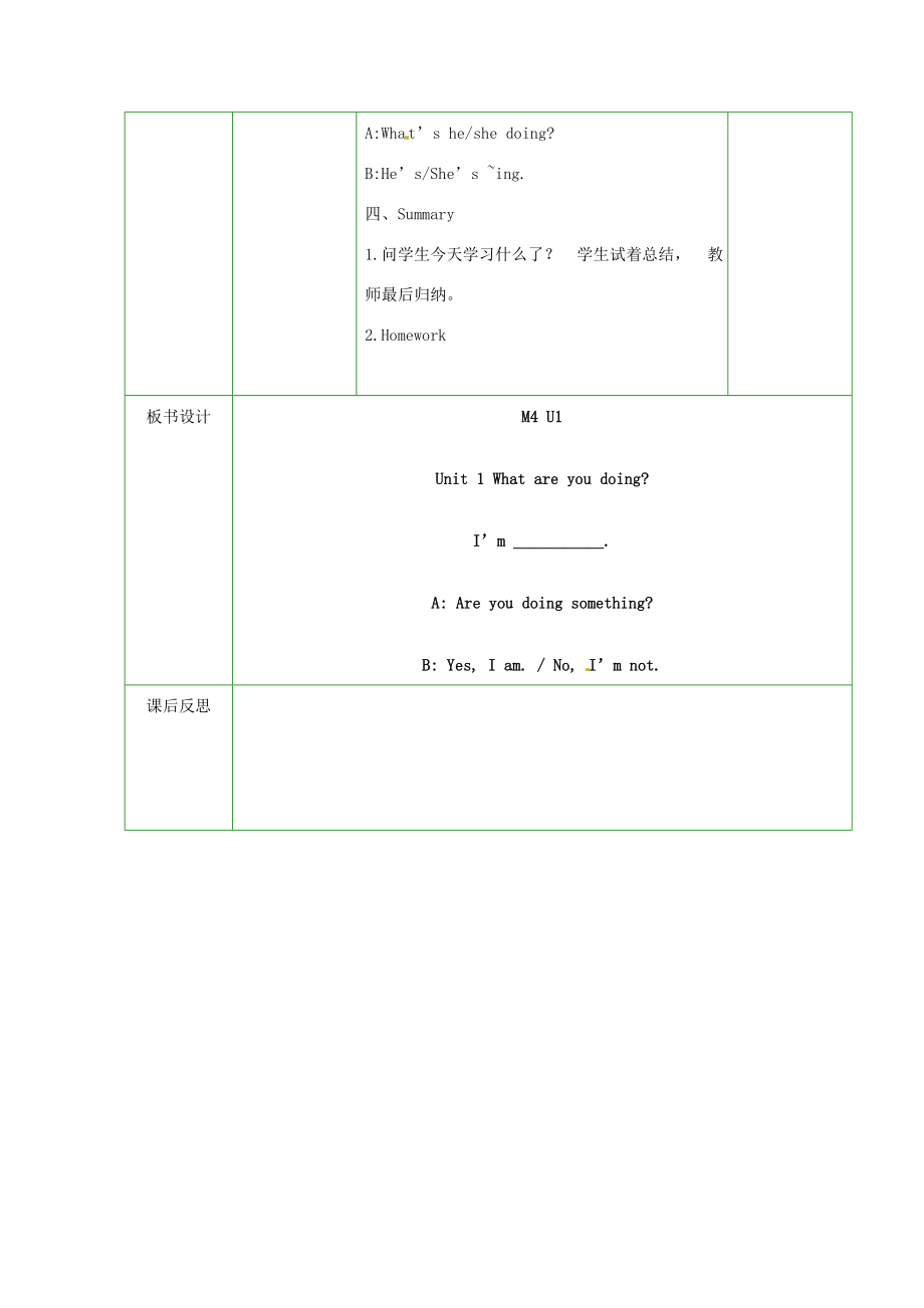 二年级英语下册Module4Unit1Whatareyoudoing教案1外研版（一起）外研版小学二年级下册英语教案.doc