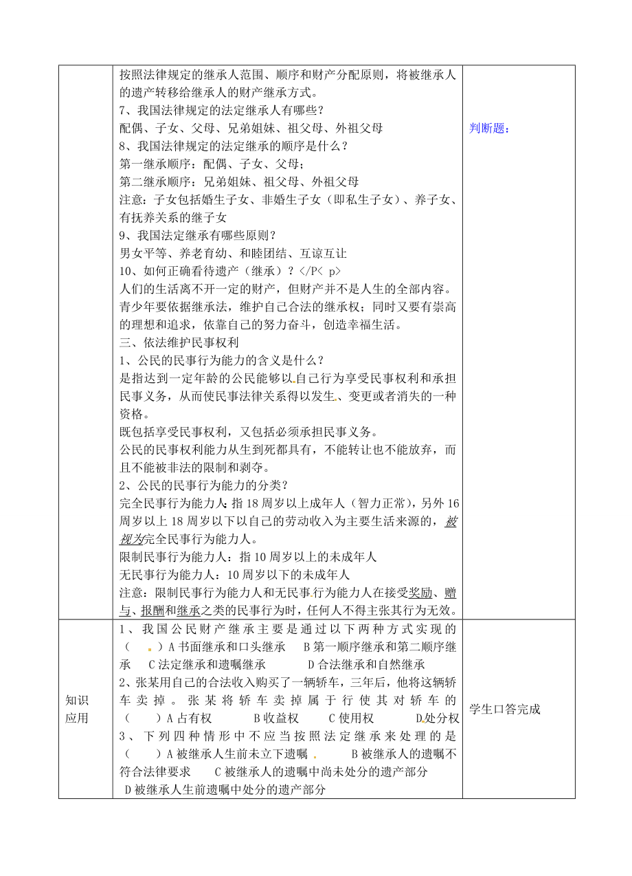 九年级政治全册3.7.1依法财产继承权教案苏教版苏教版初中九年级全册政治教案.doc