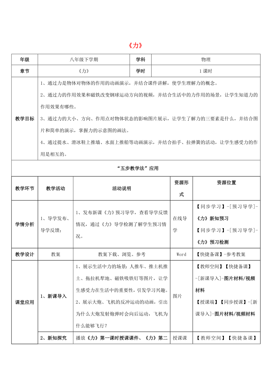 八年级物理下册第七章第1节《力》教学应用指导（新版）新人教版.doc