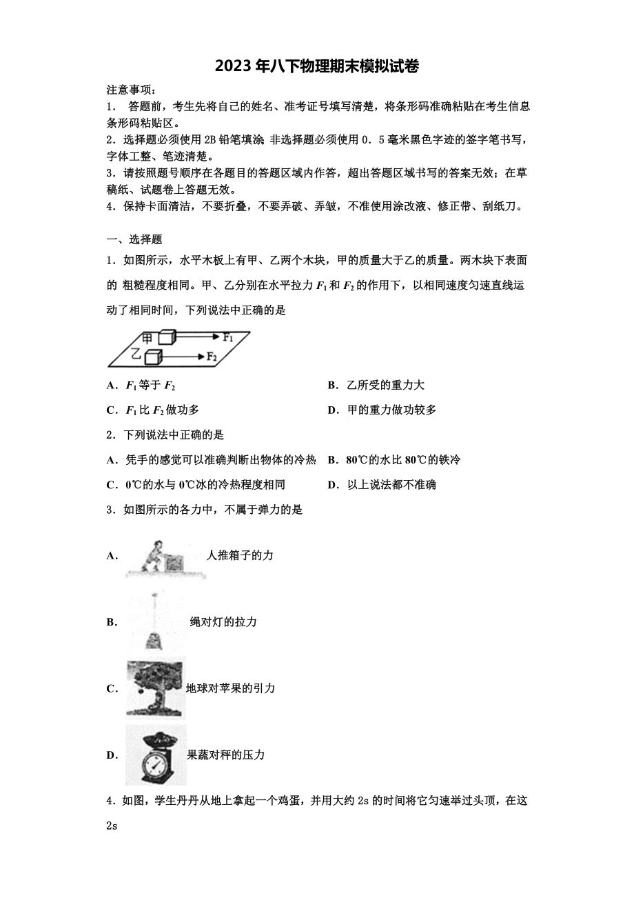 四川省资阳市资阳市雁江区20222023物理八年级第二学期期末教学质量检测模拟试题含解析.doc