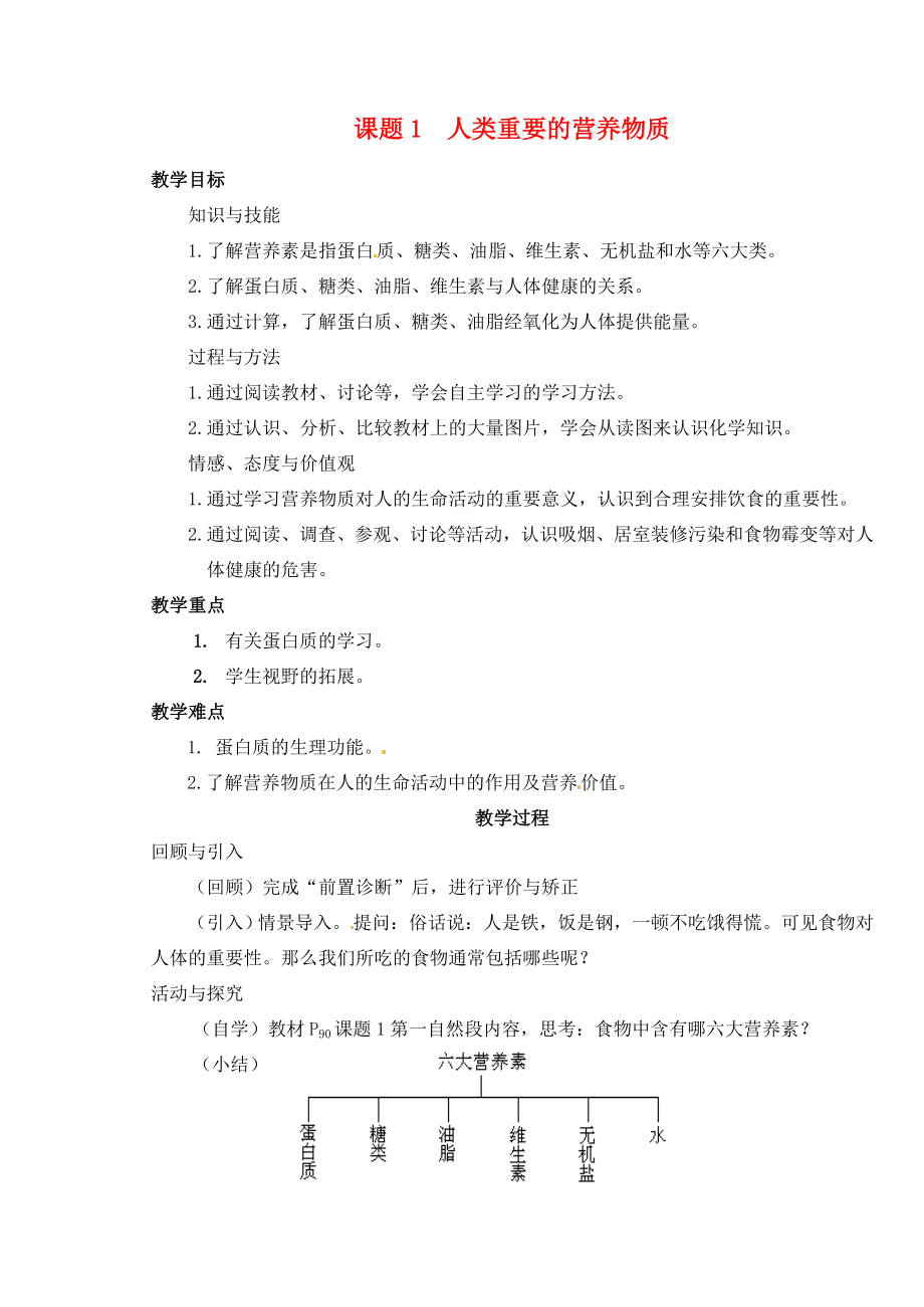 九年级化学下册第十二单元课题1人类重要的营养物质教案新人教版新人教版初中九年级下册化学教案.doc