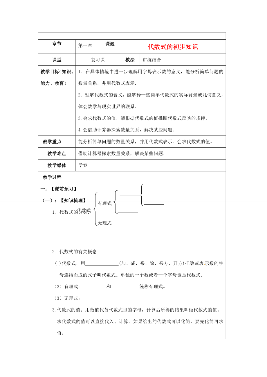 中考数学第一章《代数式的初步知识》复习教案新人教版.doc