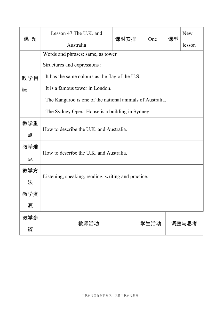 冀教版英语七年级上册Lesson47教学设计.doc