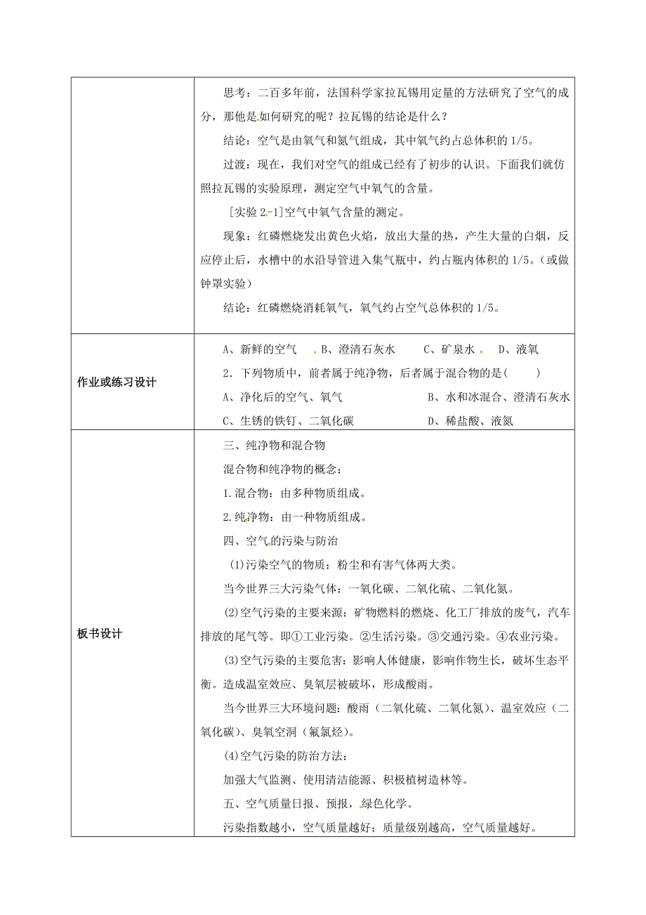 九年级化学上册2.1空气教案新人教版新人教版初中九年级上册化学教案.doc