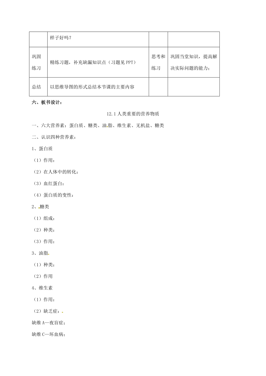 九年级化学下册12.1《人类重要的营养物质》教学设计新人教版新人教版初中九年级下册化学教案.doc