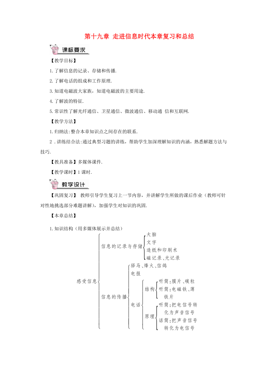 九年级物理全册第十九章走进信息时代本章复习和总结教案（新版）沪科版（新版）沪科版初中九年级全册物理教案.doc