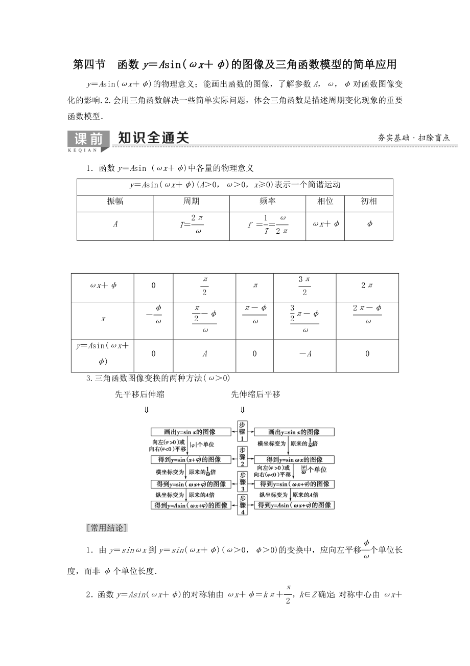 202X版高考数学一轮复习第3章三角函数、解三角形第4节函数y＝Asin（ωx＋φ）的图像及三角函数模型的简单应用教学案文（含解析）北师大版.doc