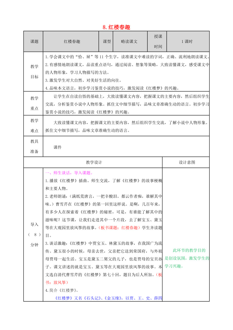 五年级语文下册第二单元8红楼春趣精品教案新人教版新人教版小学五年级下册语文教案.doc