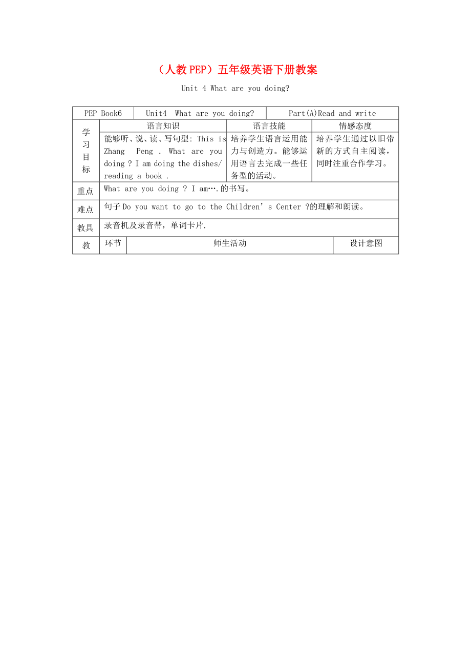 五年级英语下册Unit4(13)教案人教(PEP).doc