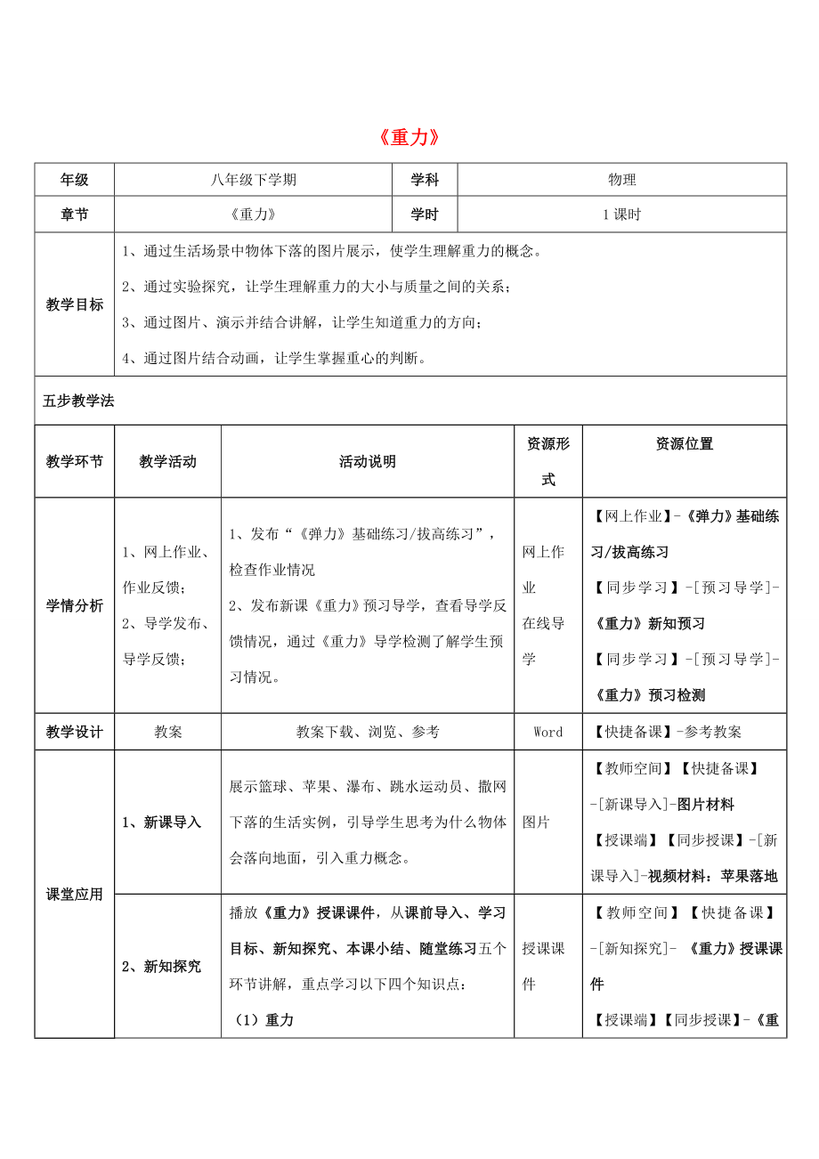 八年级物理下册第七章第3节《重力》教学应用指导（新版）新人教版.doc