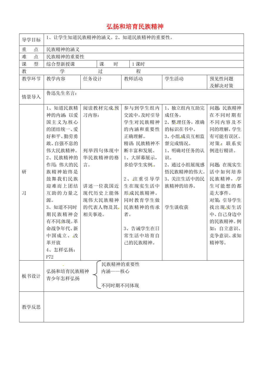 九年级政治全册2.5.2弘扬和培育民族精神教案新人教版新人教版初中九年级全册政治教案.doc