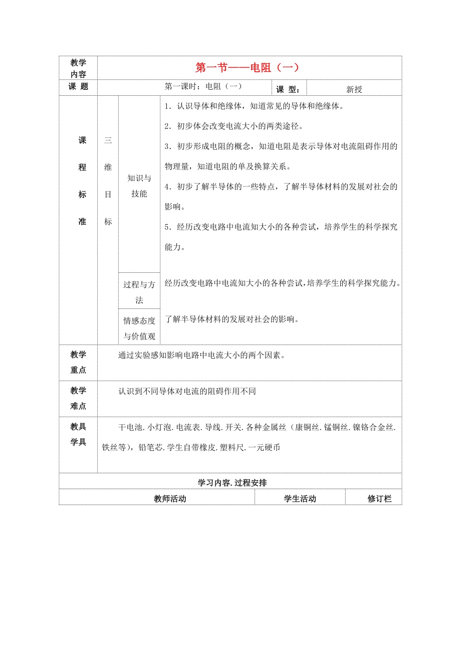 九年级物理上册第十四章第一节电阻教案（新版）苏科版（新版）苏科版初中九年级上册物理教案.doc