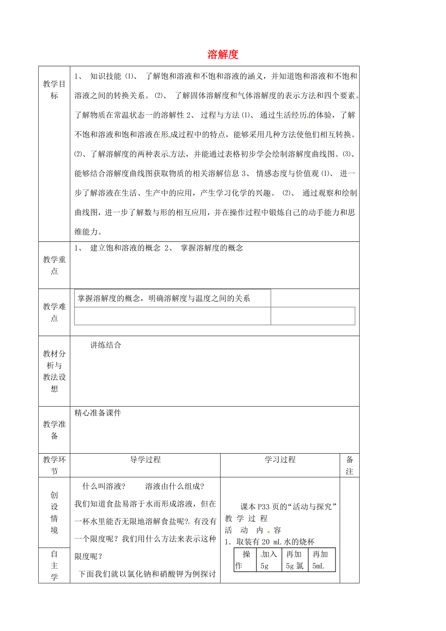 九年级化学下册《9.2物质的溶解度》教案（新版）新人教版（新版）新人教版初中九年级下册化学教案.doc