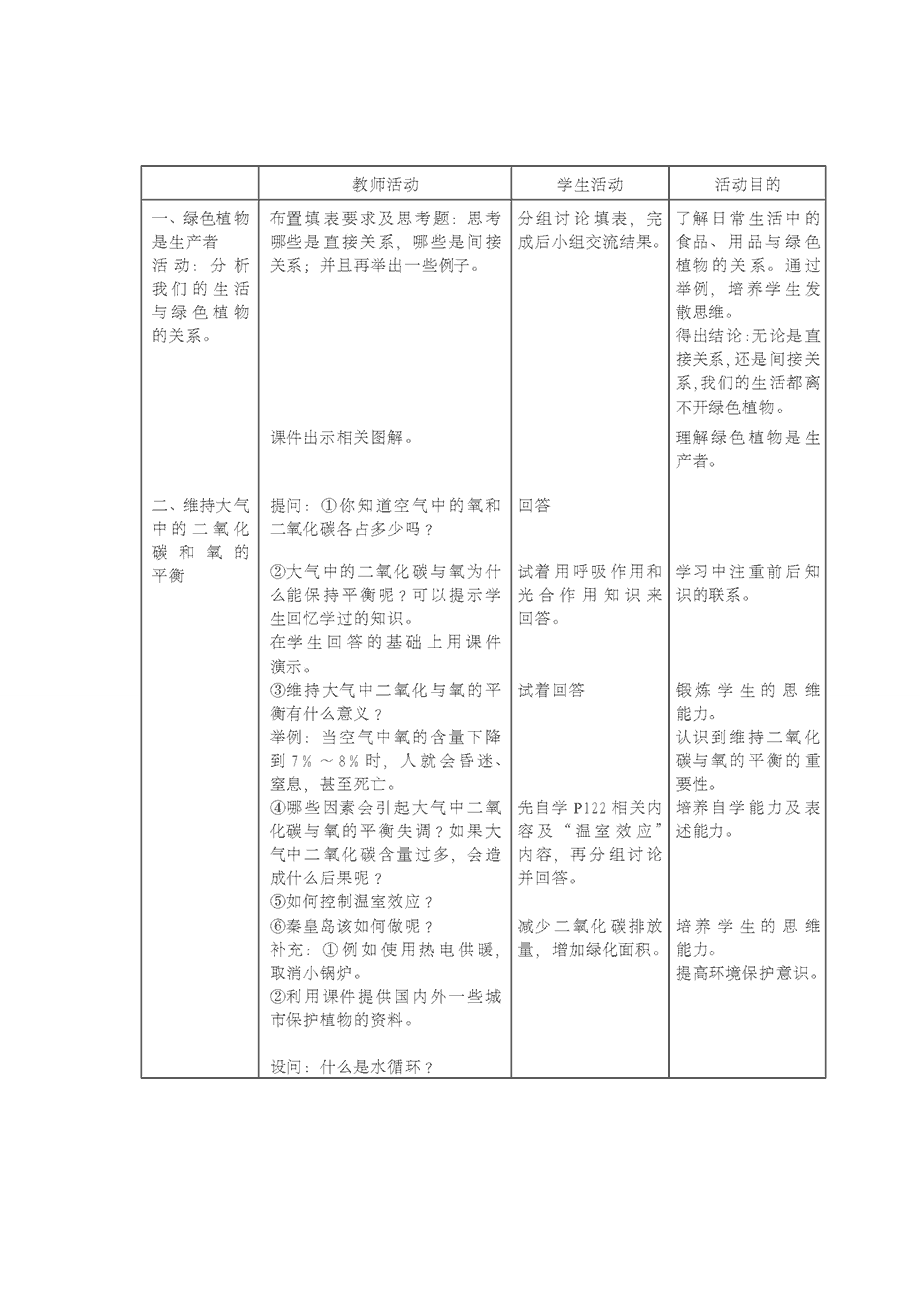 七年级生物上册7.1《绿色植物在生物圈中的作用》教学设计北师大版.doc