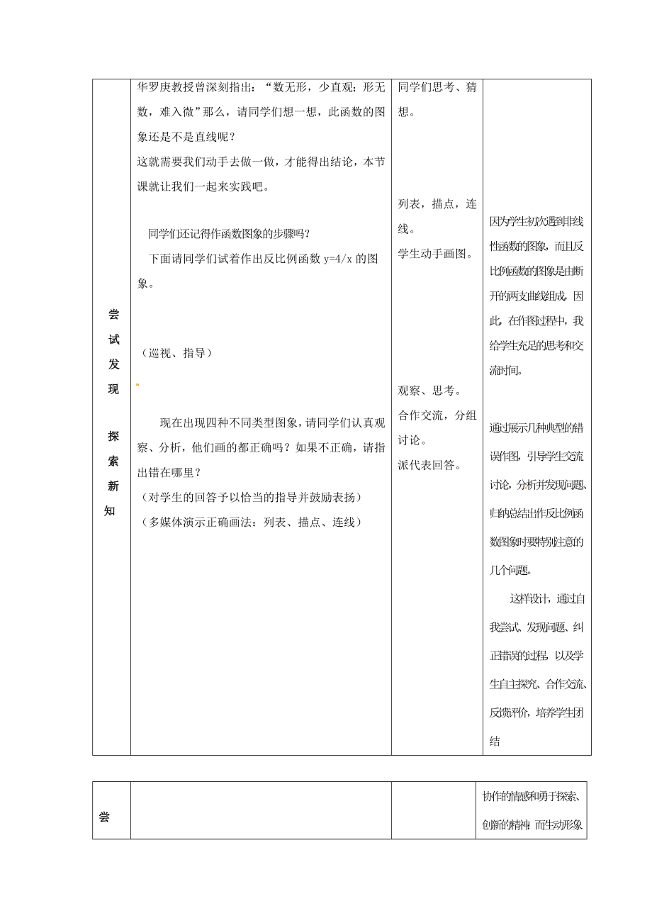 九年级数学上册第1.2反比例函数的图像和性质（第1课时）教案浙教版.doc